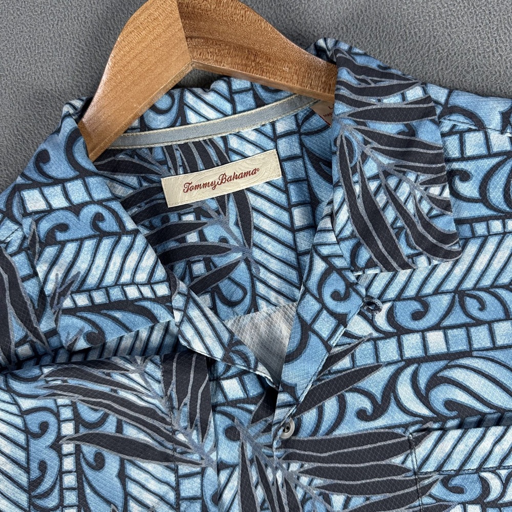 Tommy Bahama Shirt Large Blue Black Colorful Silk Floral Tiki Tribal Hawaiian